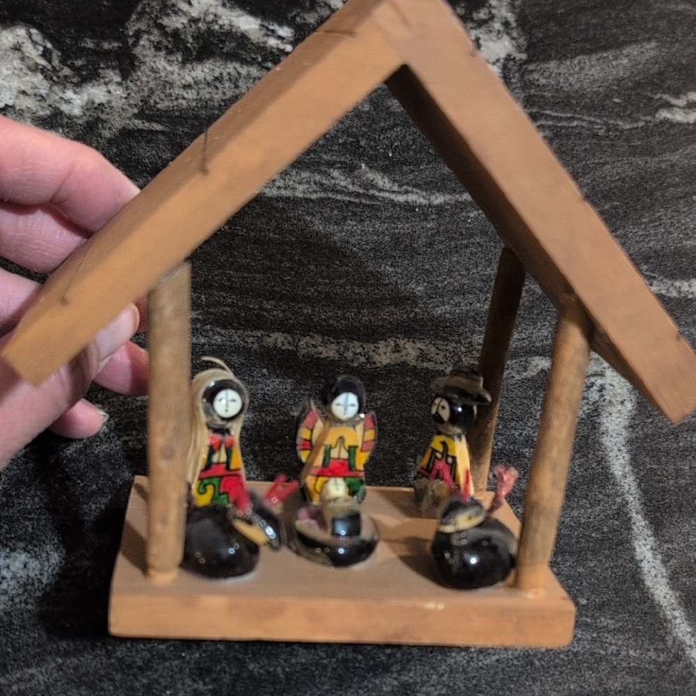 Colorful Painted Wooden Nativity Scene Handcrafted In El Salvador